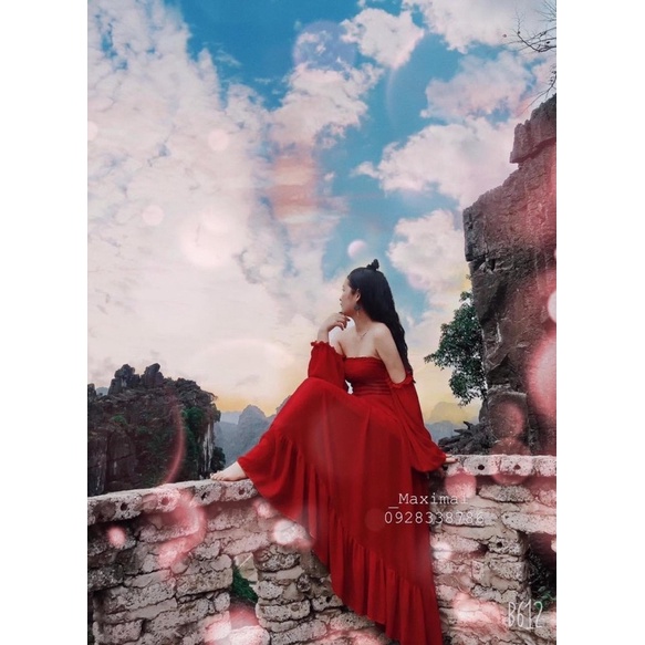 VÁY Đỏ TAY BỒNG 2 LỚP XÒE TẦNG CÔNG CHÚA - ĐẦM MAXI TRỄ VAI CỔ VUÔNG CHUN EO HOT