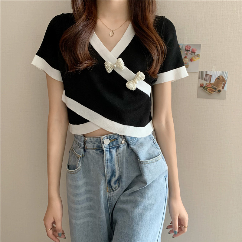 Áo dệt kim cổ chữ V phối nơ màu sắc tương phản thời trang mùa hè phong cách Hàn Quốc