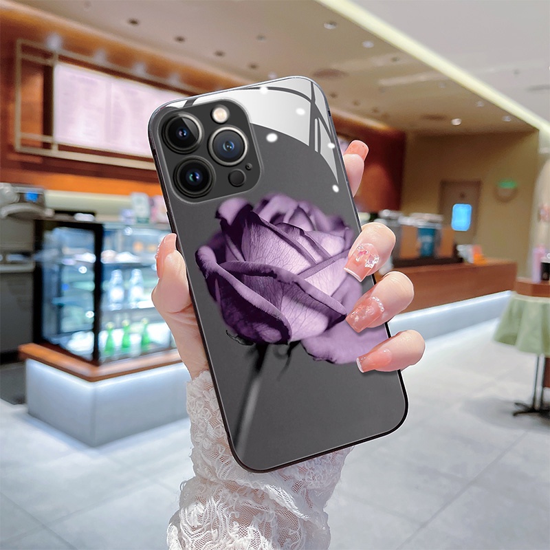 Ốp Điện Thoại Mặt Kính Hình Hoa Hồng Xanh Dương Cho iPhone 14 13 12 11 Pro Max X XS XR 8 7 6 Plus