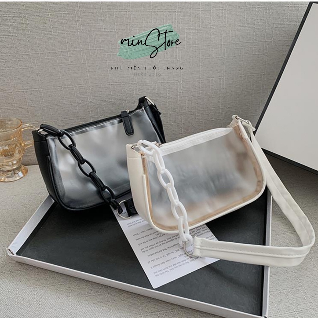 Túi xách nữ mã M05, túi đeo vai, cầm tay, da mềm đẹp, trong suốt, màu đen và trắng, minstore