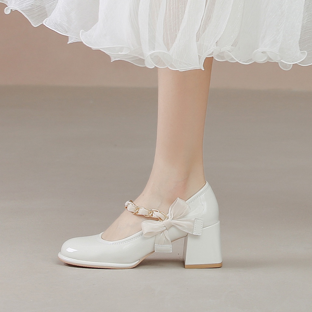 Giày cao gót da bóng mũi vuông đính nơ thời trang mùa xuân 2022 dành cho nữ