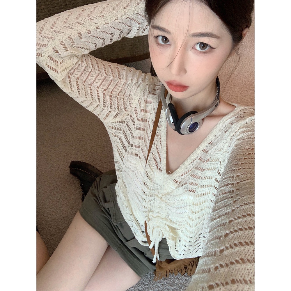 【ZHELIHANGFEI】Áo Dệt Kim Chống Nắng Lưng Cao Phối Dây Rút Trẻ Trung Quyến Rũ Dành Cho Nữ