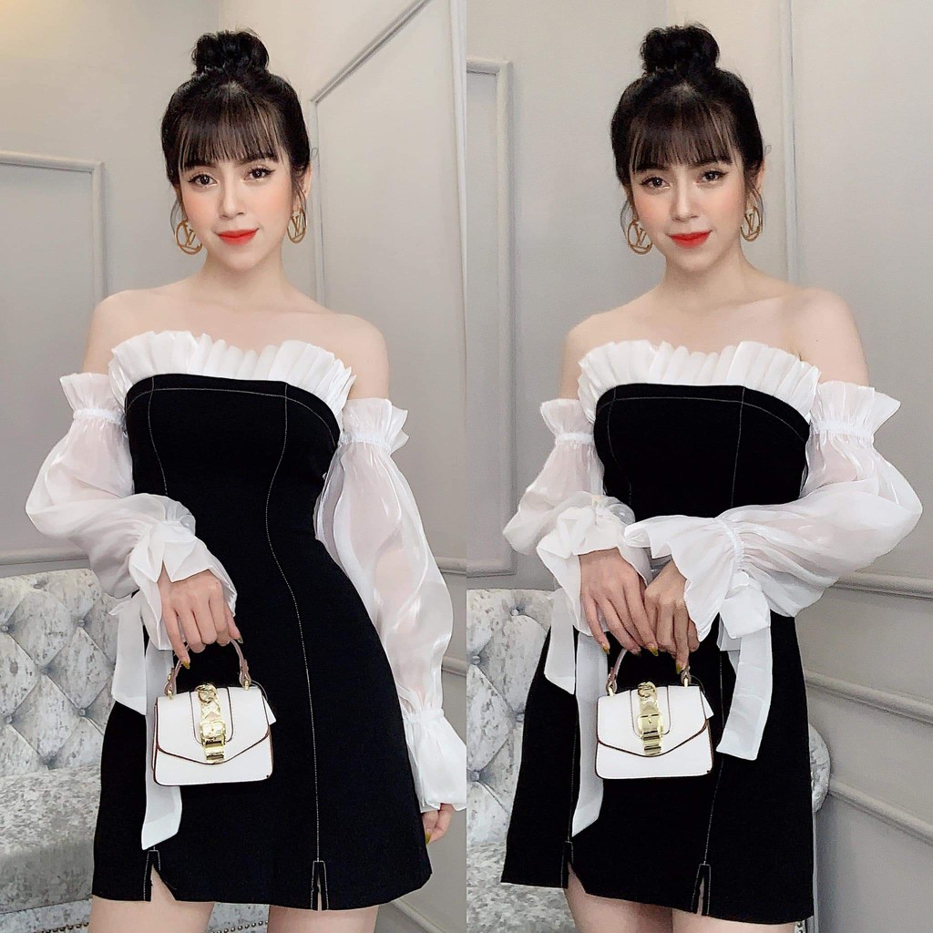 Đầm dự tiệc trễ vai tay voan sang trọng thanh lịch | BigBuy360 - bigbuy360.vn