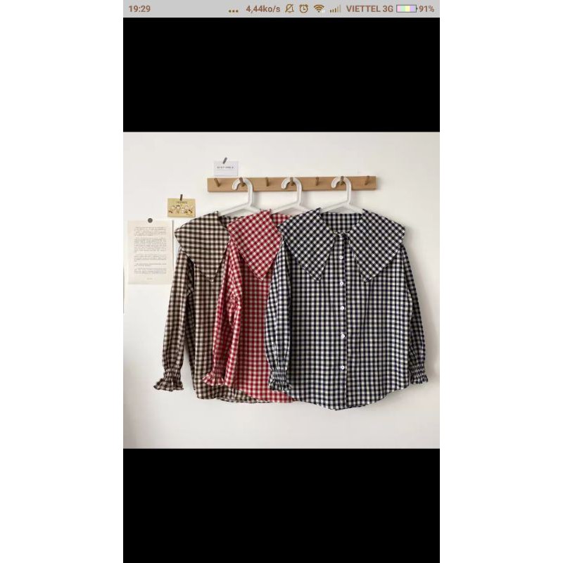 Áo sơ mi kẻ caro cổ bèo tay chun style Hàn