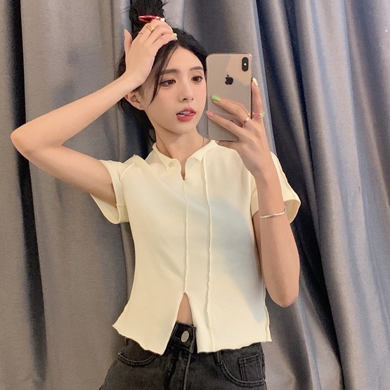 【ZHELIHANGFEI】 Áo Thun Dệt Kim Ngắn Tay Phong Cách Gợi Cảm