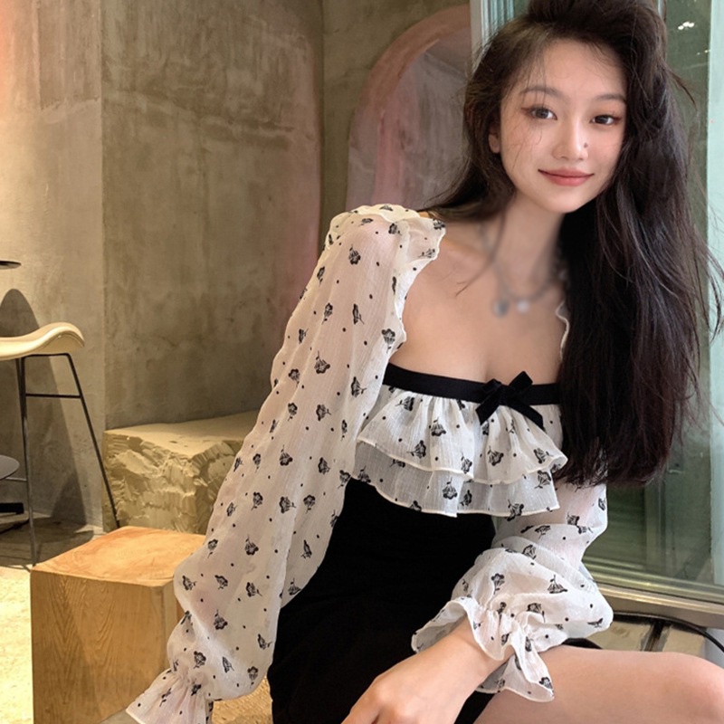 Váy body Đầm Cổ Vuông Váy Công Chúa Tay Dài Cổ Vuông Quyến Rũ