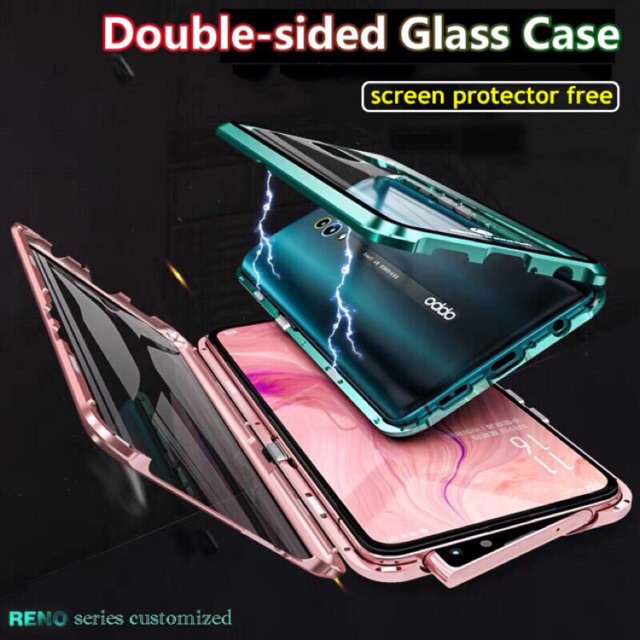 Ốp điện thoại kính cường lực hai mặt viền kim loại nam châm cho OPPO Reno6 Z 5G Reno 4Z Reno 4 3 Reno 2 2F Reno 10X Zoom A91