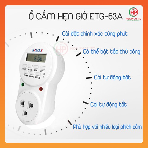 Ổ cắm hẹn giờ Komax ETG-63A tải điện 400w chu kỳ 7 ngày cài đặt giờ, phút, giây