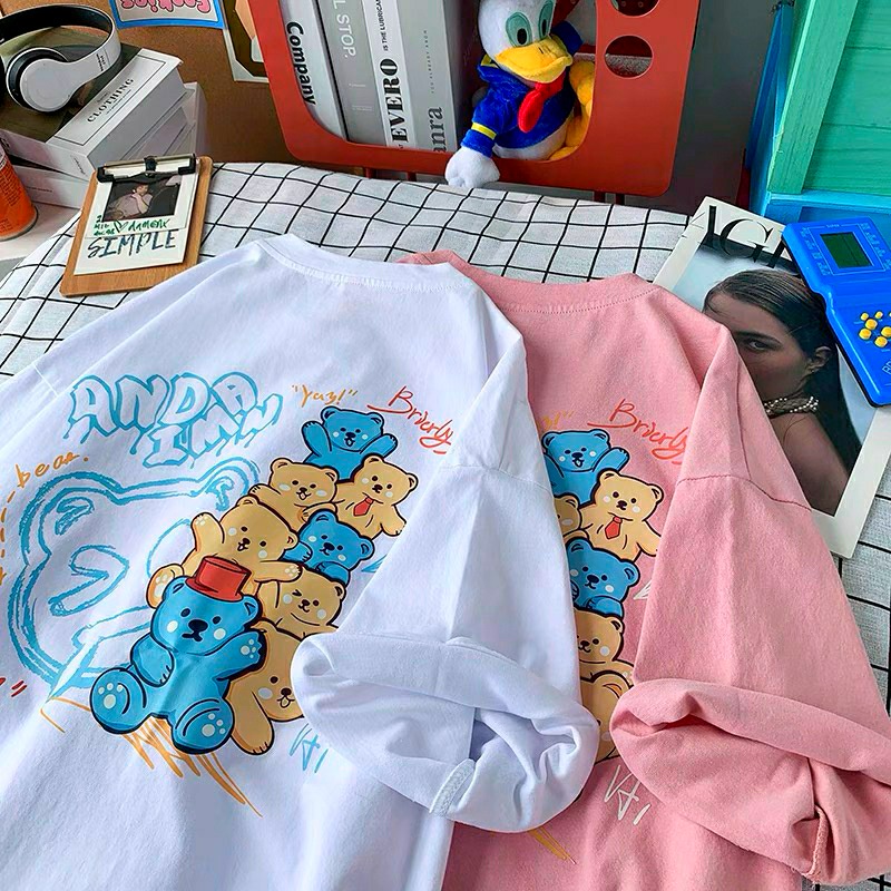 Áo thun Unisex form rộng tay lỡ, Áo phông nam nữ cotton thấm hút, dày dặn mềm mịn họa tiết ANDA BEAR