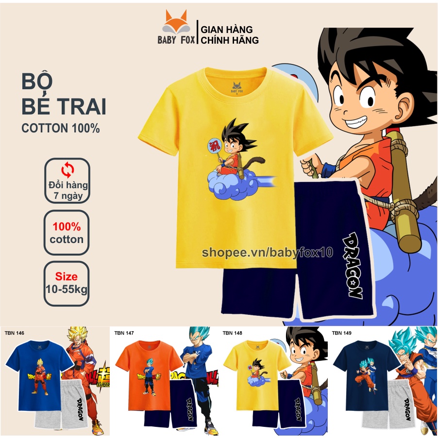Bộ thun bé trai size nhí, trung, đại 100% cotton loại tốt, thương hiệu BABY FOX, hình Dragon Ball, Songoku j