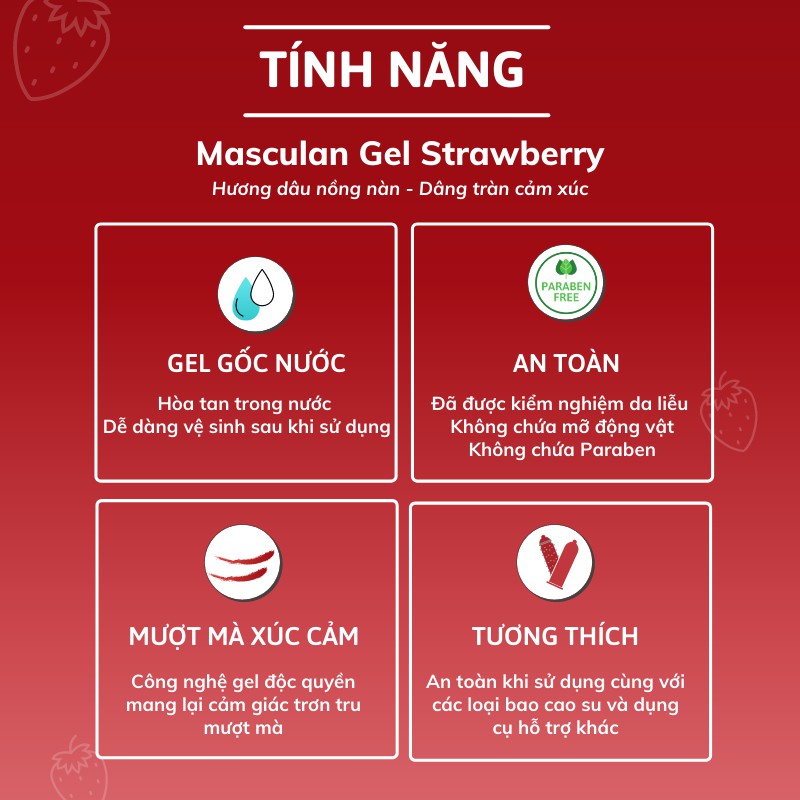 Gel bôi trơn cao cấp Masculan Strawberry - Hương dâu tây ngọt ngào - Gốc nước - Không chất bảo quản - An toàn - 75ml