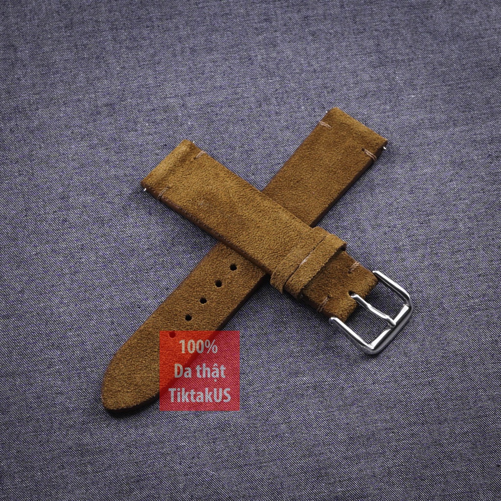 Dây đồng hồ da bò Vintage da lộn không chỉ viền khóa thép không gỉ, nhiều màu, đủ size : 18mm - 19mm - 20mm - 21mm - 22m