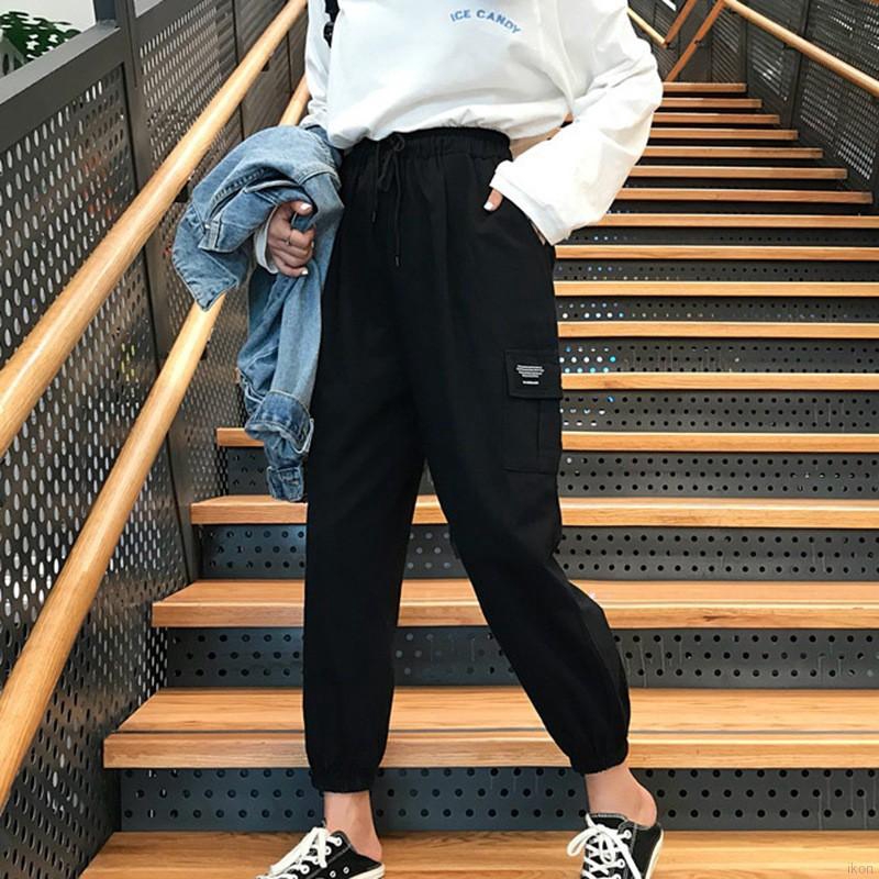 Quần dài lưng cao màu trơn phong cách Harajuku thời trang cho nam và nữ