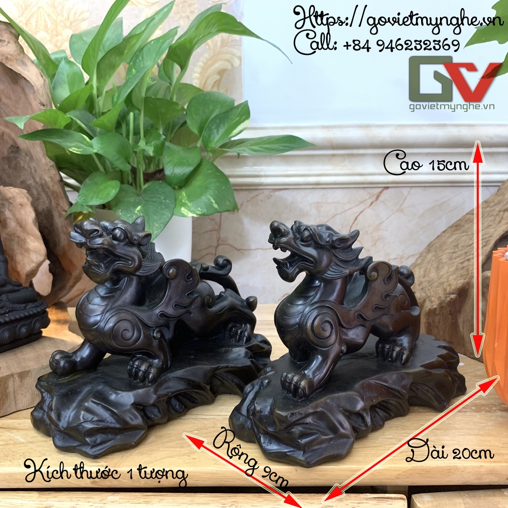 Cặp 2 tượng đá Tỳ Hưu trang trí phong thủy nhà cửa bàn làm việc - Dài 20cm - Màu Nâu Đen
