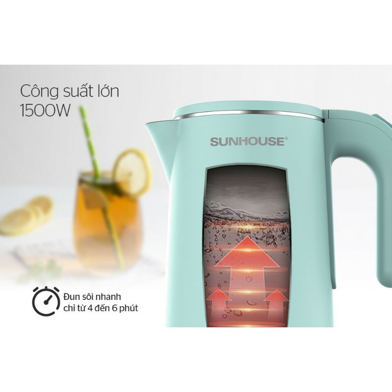 [CHÍNH HÃNG] Bình Đun Siêu Tốc 2 Lớp Inox SUNHOUSE Bảo Hành 12 Tháng