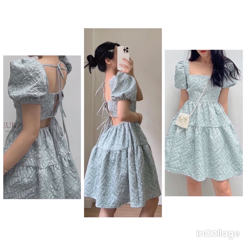 Đầm xanh hở lưng, đan dây chéo, đầm hở lưng chữ A cổ vuông