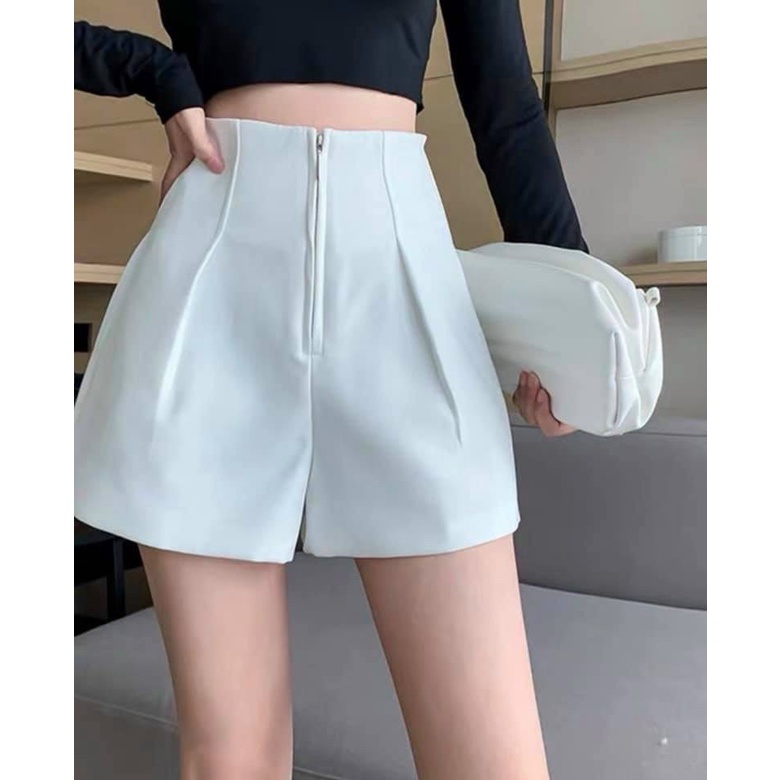 Quần Short Lưng Cao, Quần Sooc Nữ Ngắn Cạp Cao Kiểu Trơn Khoá Kéo tước Vải Tuyết Mưa Màu Đen/Trắng/Nâu