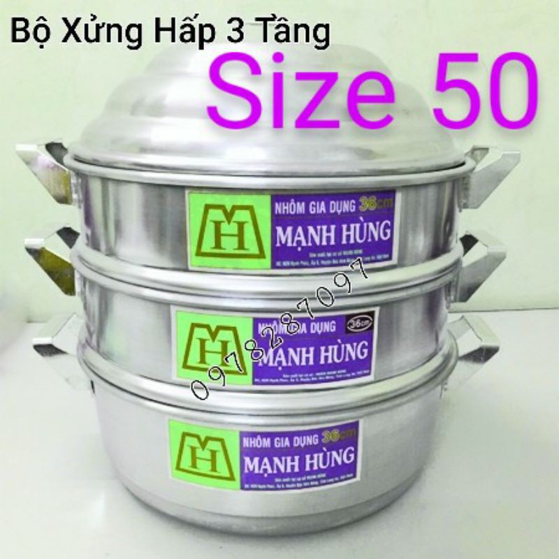 [CHÍNH HÃNG] Bộ xửng hấp 3 tầng size 50 cm 3 tầng nhôm Mạnh Hùng chuyên Hấp bánh bao/ hải sản/ thực phẩm