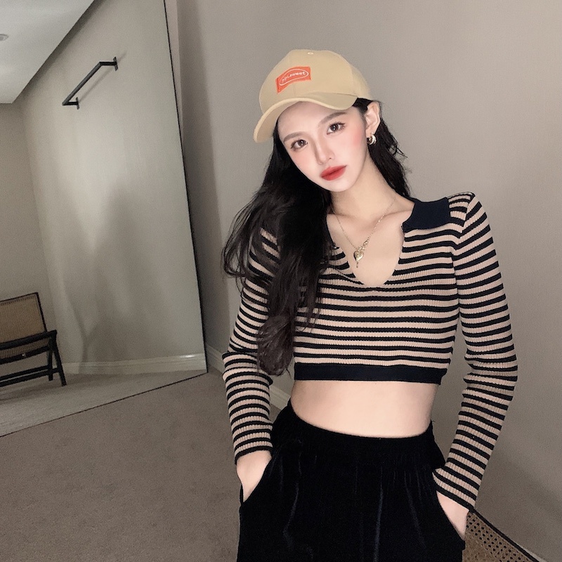 Áo thun polo dệt kim tay dài dáng ôm kẻ sọc thiết kế quyến rũ | BigBuy360 - bigbuy360.vn