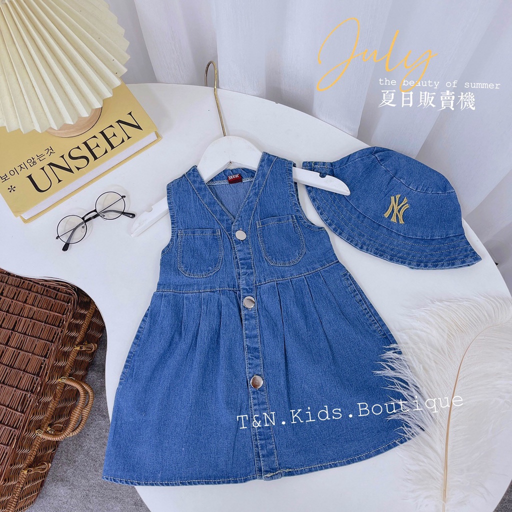 (8-8kg)váy jean sắt nách kèm mũ cho bé