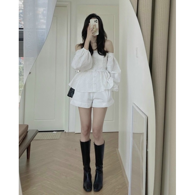 SET ÁO GẤM TRẮNG RỚT VAI x QUẦN SHORT