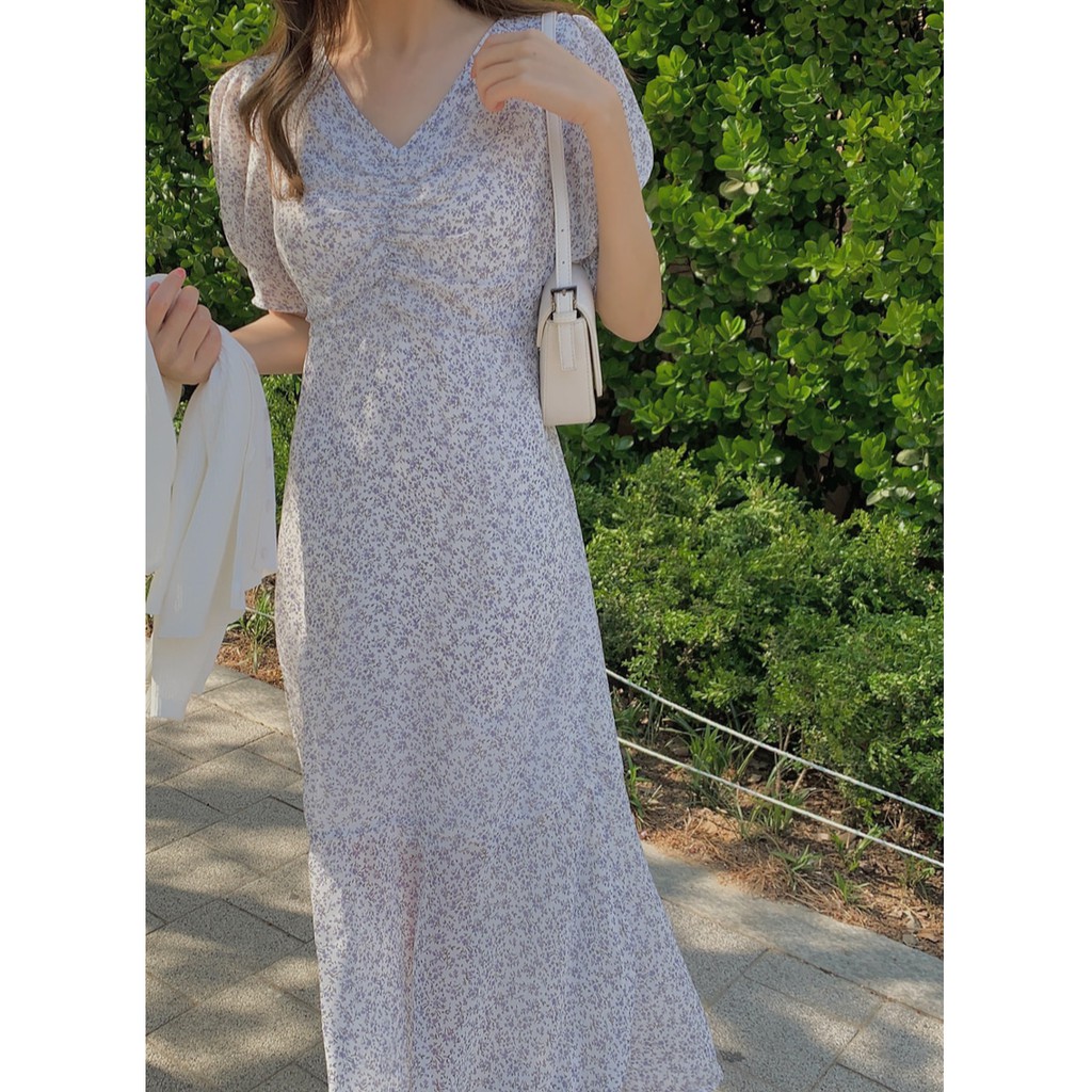 Đầm Voan Hoa Cổ Chữ V Xinh Xắn Theo Phong Cách Hàn Quốc 43033