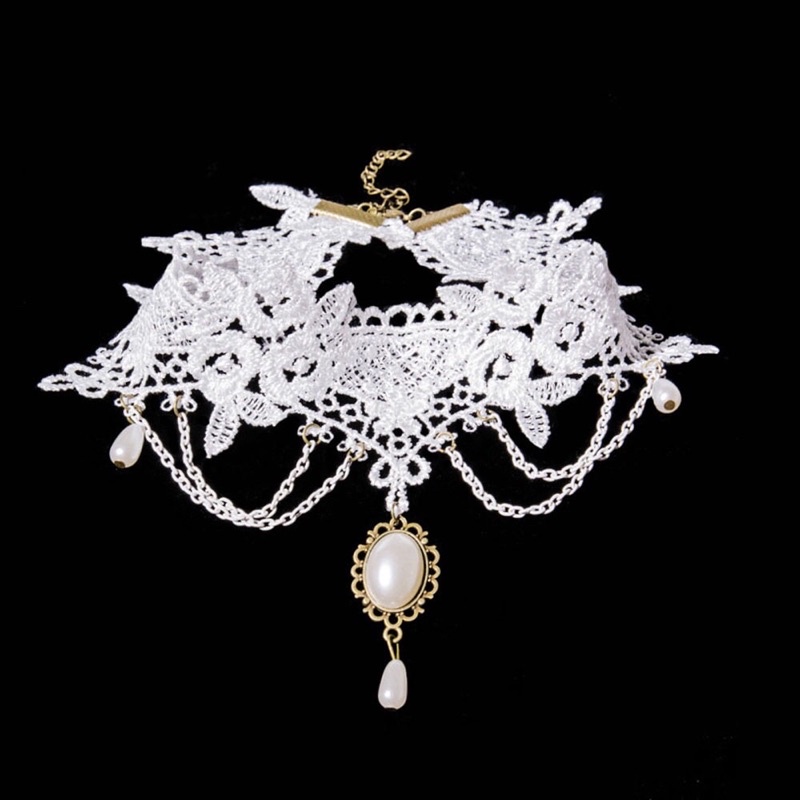 Vòng cổ choker ren hạt châu trắng đẹp lung linh