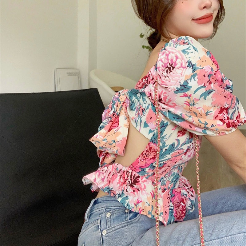 Áo Kiểu Tay Ngắn Phồng Cổ Vuông Họa Tiết Hoa Phong Cách Retro