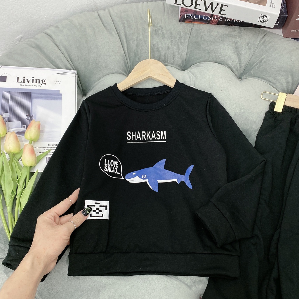 Bộ quần áo dài tay thu đông &quot;CÁ MMẬP&quot; 14-48kg cho bé trai. Đồ bộ dài tay cho bé 4-14 tuổi. B25