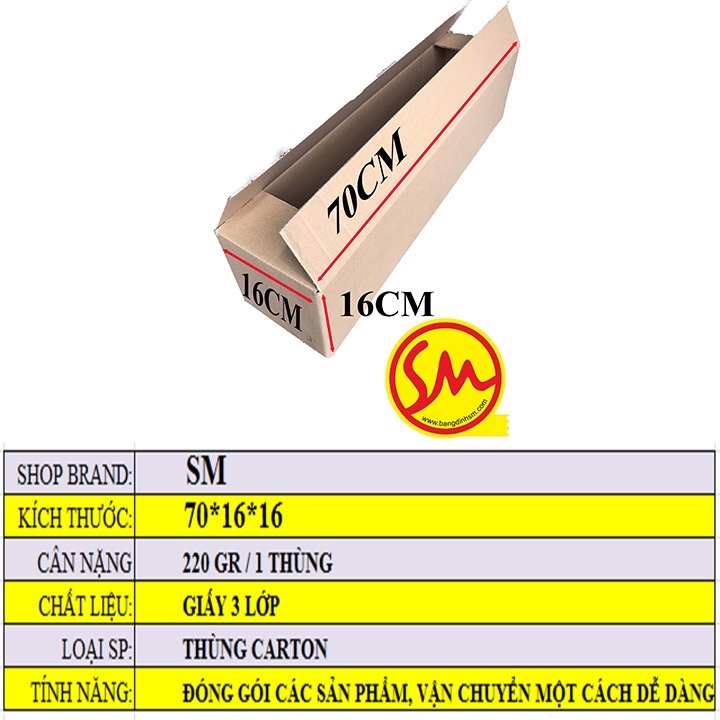 THÙNG CARTON, HỘP CARTON GIÁ RẺ sóng B  3 lớp size 70x16x16 chuyên dùng ĐÓNG GÓI CÁC SẢN PHẨM, VẬN CHUYỂN DỄ DÀNG