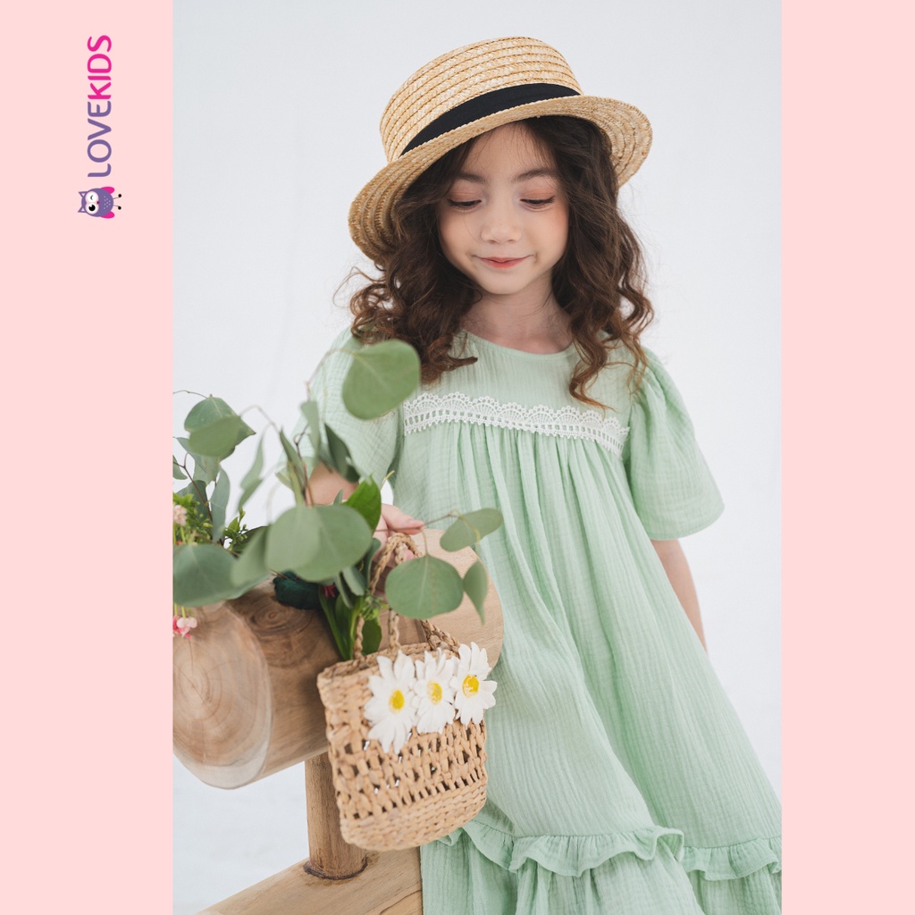 Đầm BG mulsin trơn phối ren - Lovekids