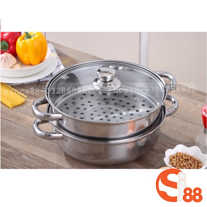 Nồi Hấp Inox 2 Tầng Size 28cm, Nồi Lẩu Nồi Hấp 2 Tầng Đa Năng DT04