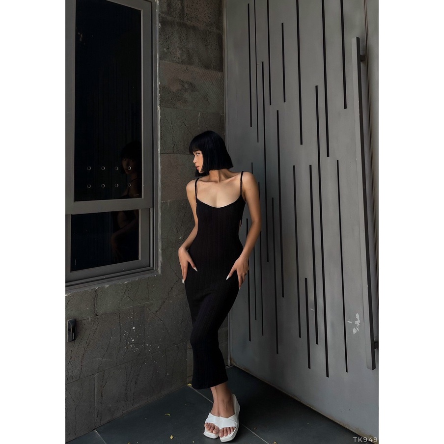 Đầm body nữ hai dây khoét eo dáng dài qua gối, đầm midi dáng ôm sexy NPDAM016
