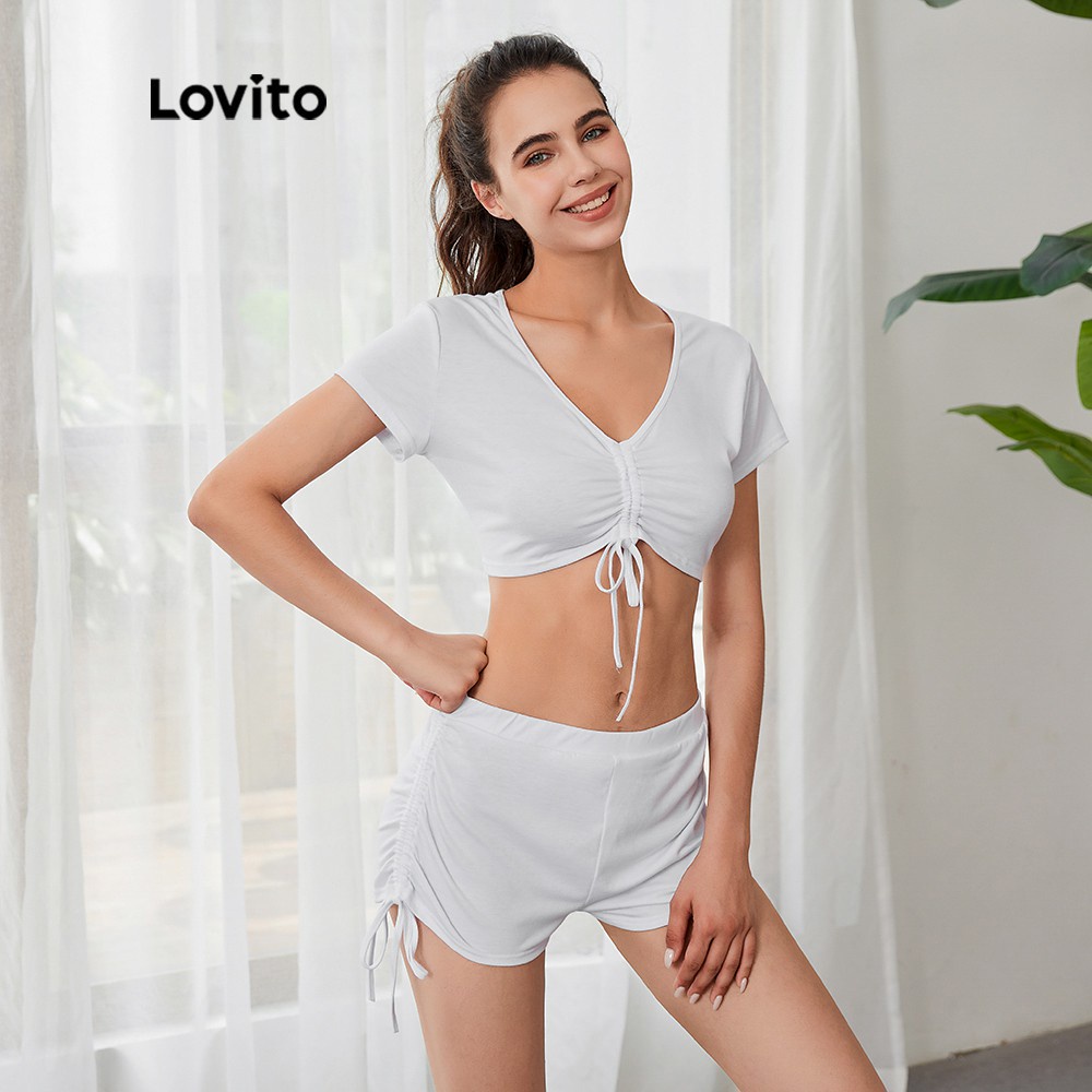 Set trang phục Lovito mặc ở nhà màu trơn ôm dáng cổ chữ v không tay dây rút L03025 (trắng)