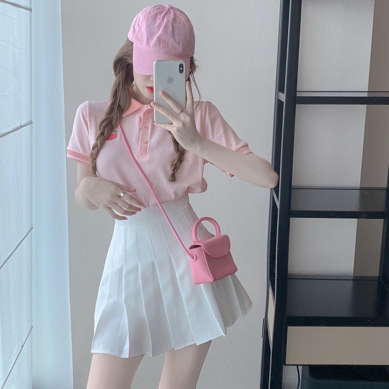Set Áo polo Ngắn Tay Cổ Bẻ + Chân Váy Xếp Ly Thời Trang Nữ