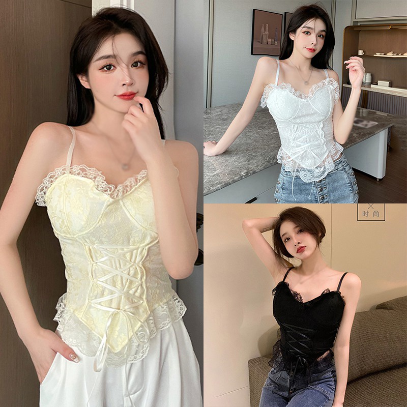 Áo Croptop Hai Dây Phối Ren Phong Cách Hàn Quốc Dành Cho Nữ