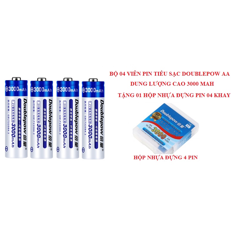 Bộ 4 Viên Pin Tiểu Sạc AA Doublepow Dung Lượng Cao 3000 mAh Dùng Cho Đồ Chơi, Máy Ảnh, Mic Hát Không Dây... Kèm hộp nhựa