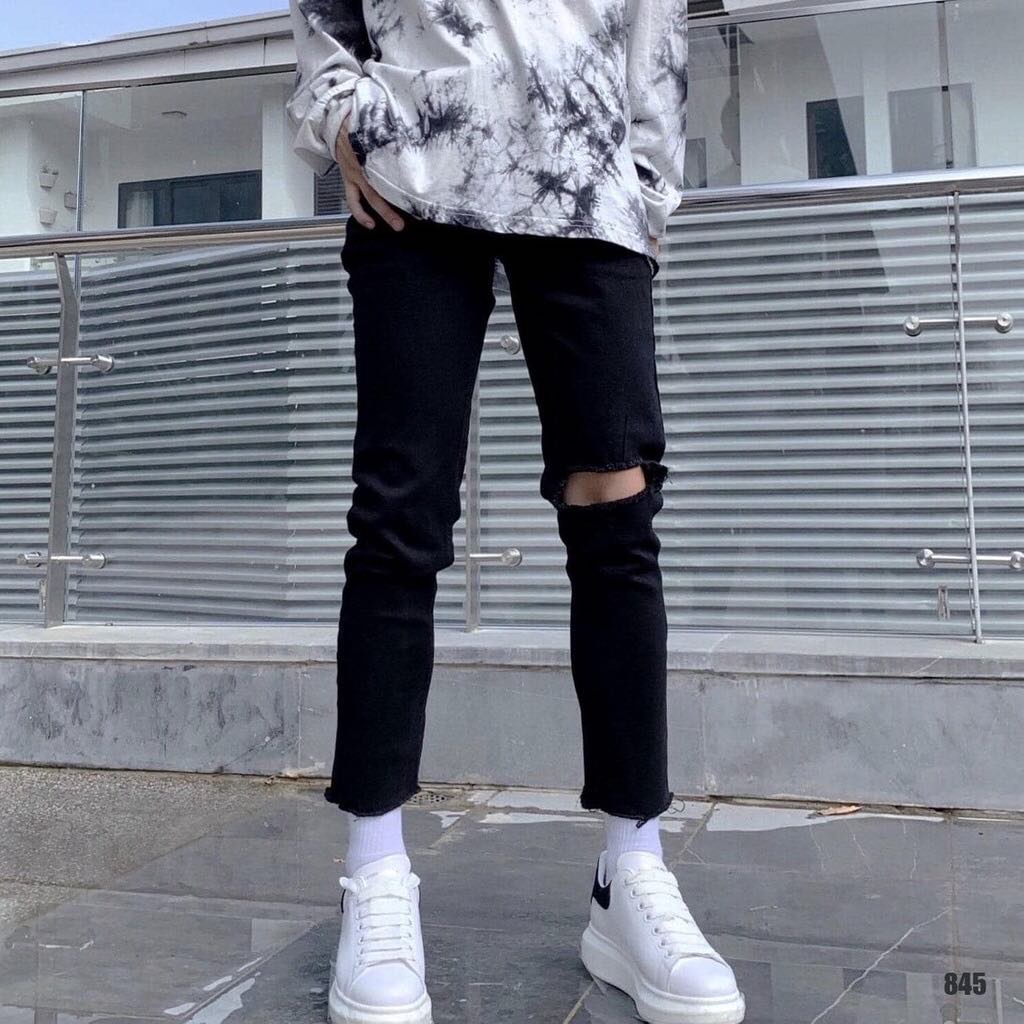 Quần Jean Nam Đen rách Vải Co Giãn, Không Phai Màu Dáng Skinny Phong Cách Hàn Quốc -J01