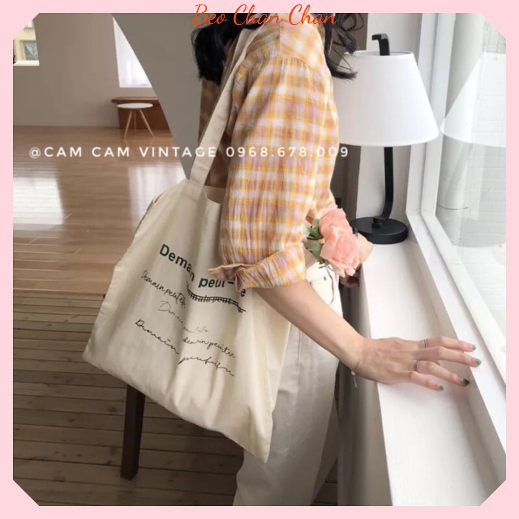TÚI TOTE VẢI TÚI TOTE TRẮNG NGÀ VINTAGE IN CHỮ XANH