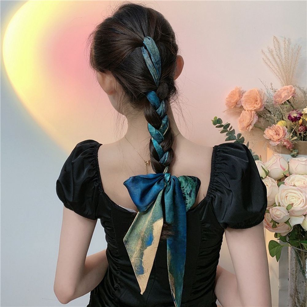 ANEMONE Simple Silk Scarf Headband Retro Korean Style Headband Bow Hair Rope Printing Long Ribbon Braided Hair Sweet France Temperament Female Headwear