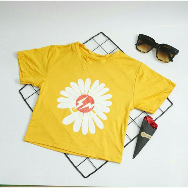 Áo Croptop in Hoa CT cotton Co giãn, thấm hút mồ hồi