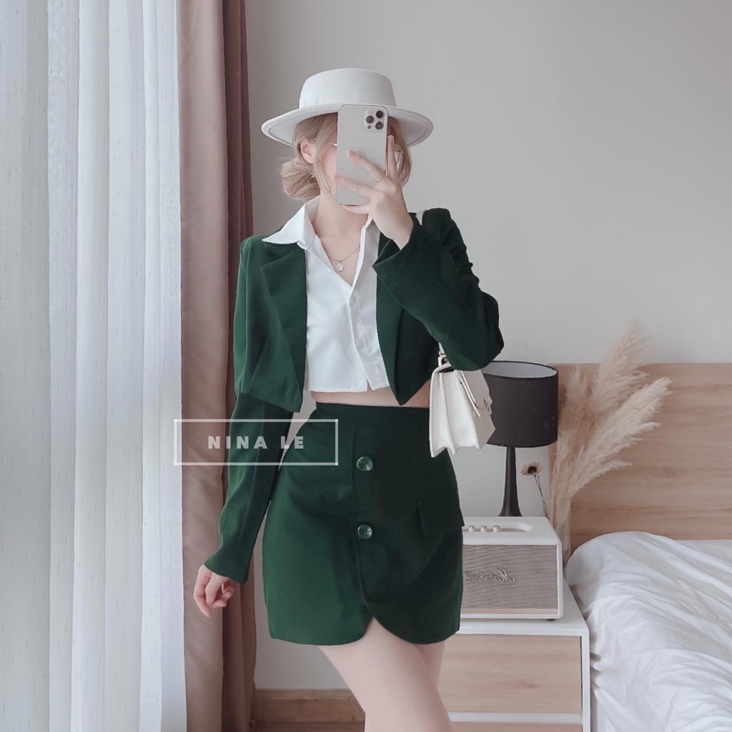 Sét bộ đồ nữ áo sơ mi croptop phối áo Vest dài tay kèm chân váy sang chảnh, quý phái thích hợp đi chơi, đi làm công sở
