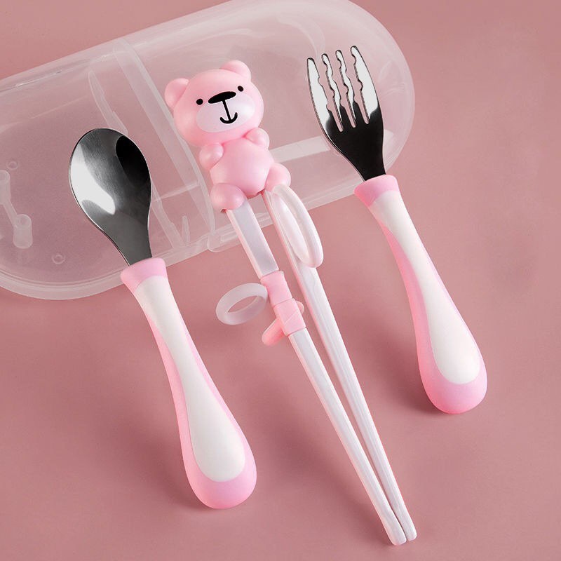 Bộ Đũa Thìa Dĩa Tập Ăn Cho Bé Hình Gấu Dễ Thương Kèm Hộp Đựng