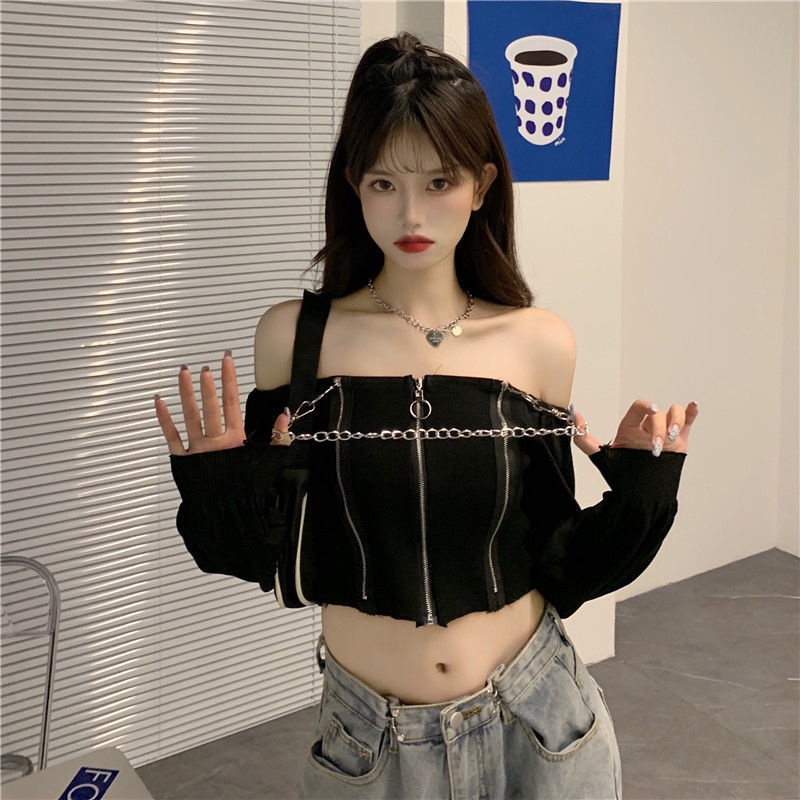 Áo Cardigan Dệt Kim Tay Dài Trễ Vai Màu Đen Phong Cách Retro Dành Cho Nữ