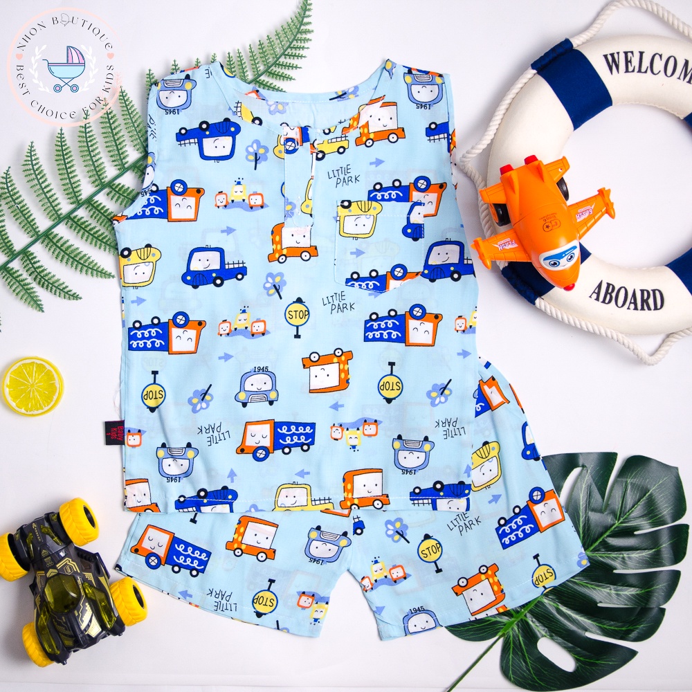 Bộ hè sát nách đáng yêu cho bé trai từ 8-19kg, chất liệu lanh lụa, Ba lỗ cho bé, Bộ tole