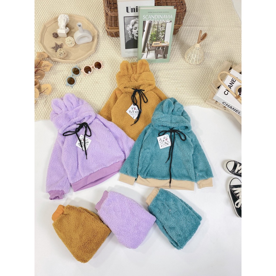 Bộ lông cừu cho bé trai, bé gái, set áo hoodie tai gấu và quần dài bo gấu, lông cừu, đẹp và ấm cho bé từ 8 đến 18 kg