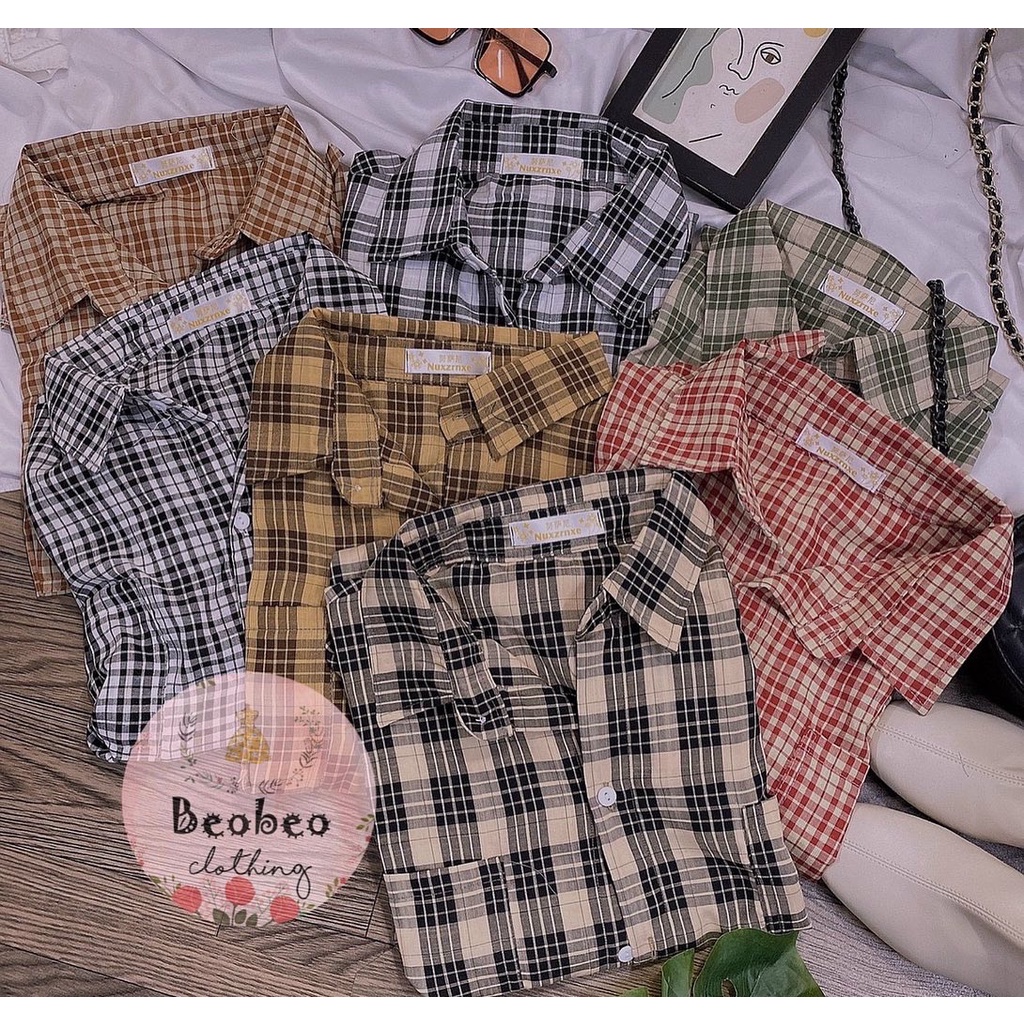 Áo sơ mi oversize sọc kẻ caro tay phồng nhiều màu ulzzang