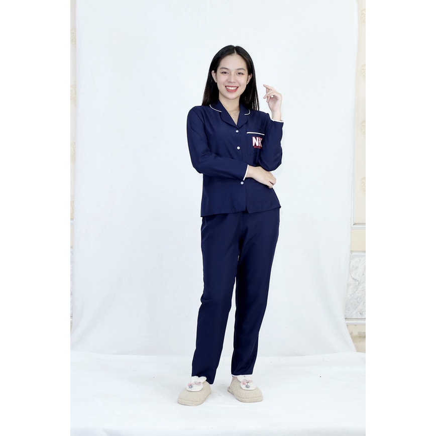 Bộ đồ bộ Pijama màu XANH ĐEN NKK tay dài quần dài lụa Pháp - Thoải Mái Nhẹ Nhàng