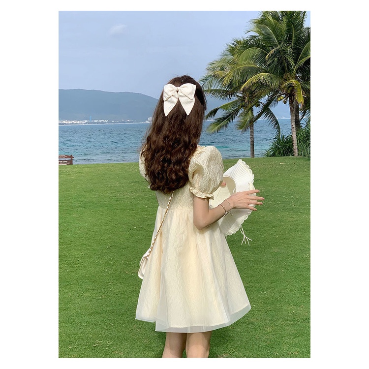 AMOI Đầm Công Chúa Ngắn Eo Cao Tay Phồng Màu Vàng Sữa Phong Cách Ngọt Ngào