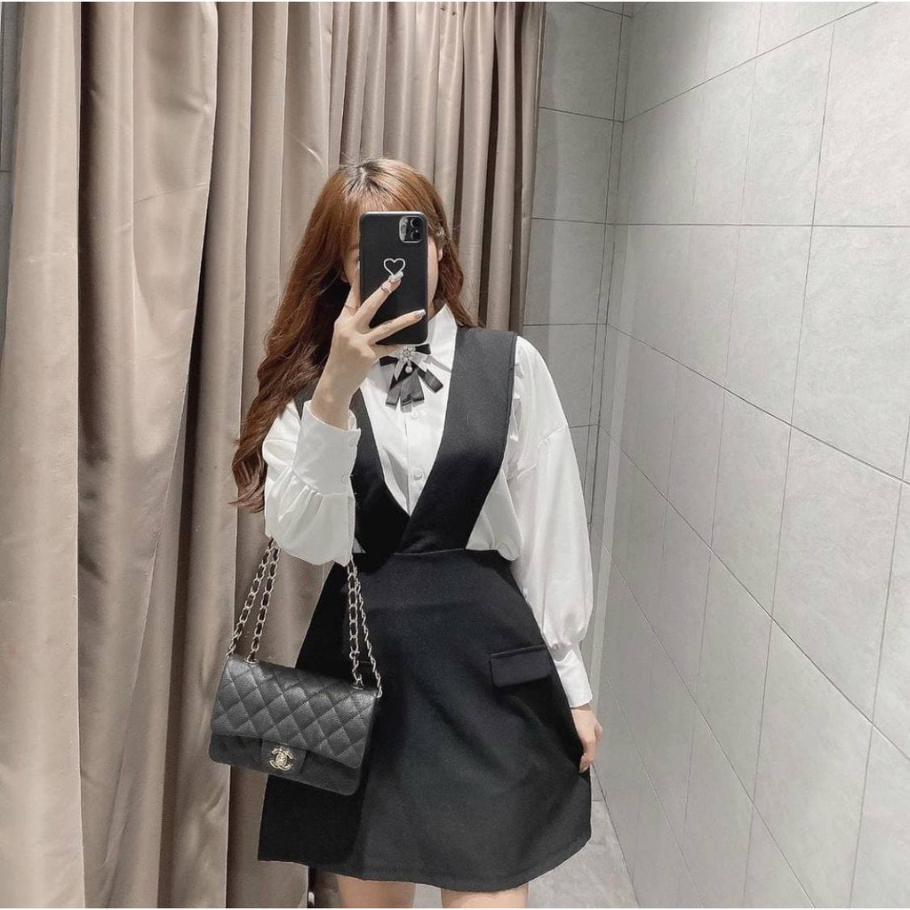 Set Áo Sơ Mi Tay Phồng + Váy Yếm Chữ A (Áo TRẮNG + Váy ĐEN) | BigBuy360 - bigbuy360.vn
